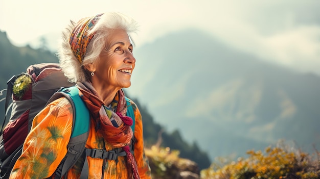 image of mature senior woman hiking on mountains