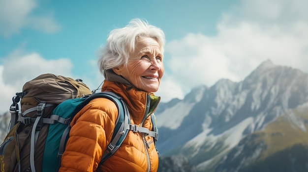 image of mature senior woman hiking on mountains