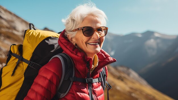 image of mature senior woman hiking on mountains