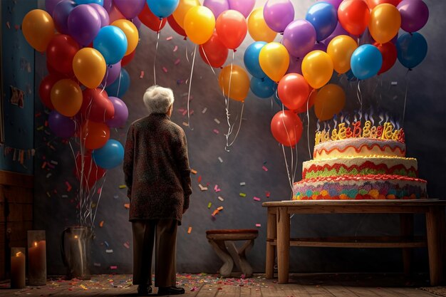 image of mature senior woman with balloon and cake back view generative Ai