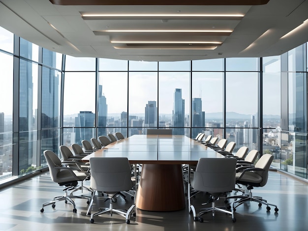 An image of a meeting room overlooking the city