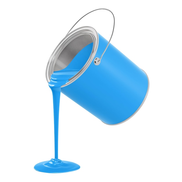 A image of a Metal Blue Bucket Pouring Blue Paint isolated on a white background