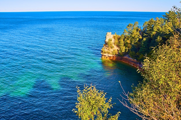 Image of Michigan lake with deep teal and blue water near a cliff of many colors