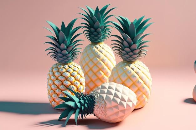 Image of a mock up of several white pineapples against a softly colored backdrop Flay laid with pineapple summertime fresh fruit idea Background of fruit heightened clarity