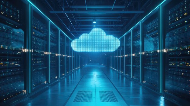 image of a modern data center aisle with rows of server racks on each side