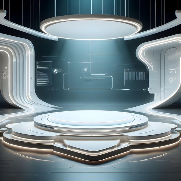 Image of Modern Futuristic Space White Circle Podium with Lighting for Product Presentation