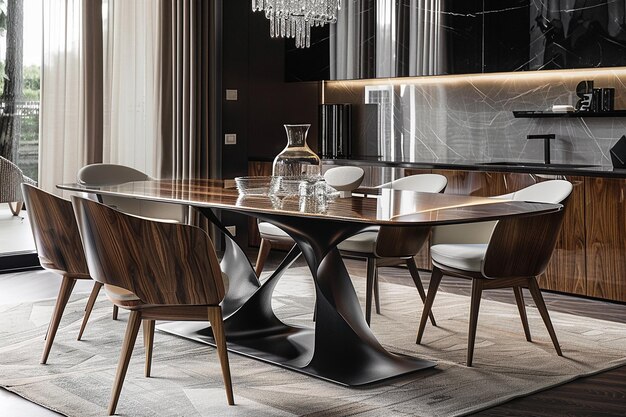 Image of a modern living room featuring the Zenith Walnut Dining Table