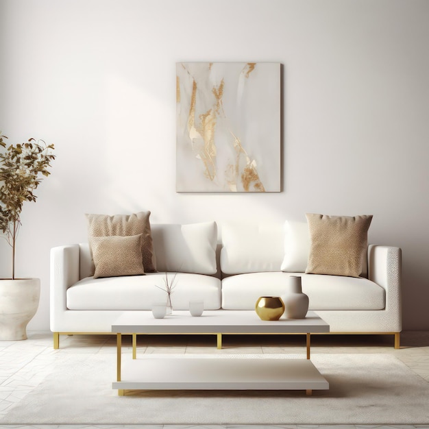 image of a modern living room with a white couch two pillows on sofa TV and a white chair