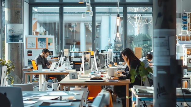 Photo an image of a modern office space with three people working at their desks