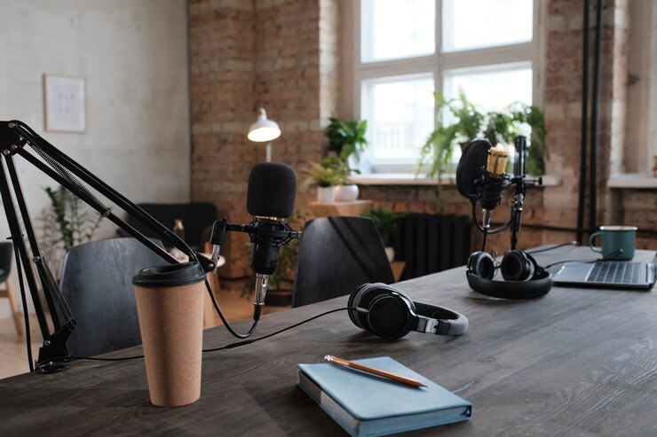 Photo image of modern recording studio with table with laptop and microphone on it
