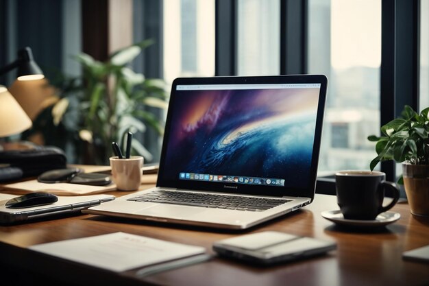 Image of modern workplace of business person with laptop on it at office