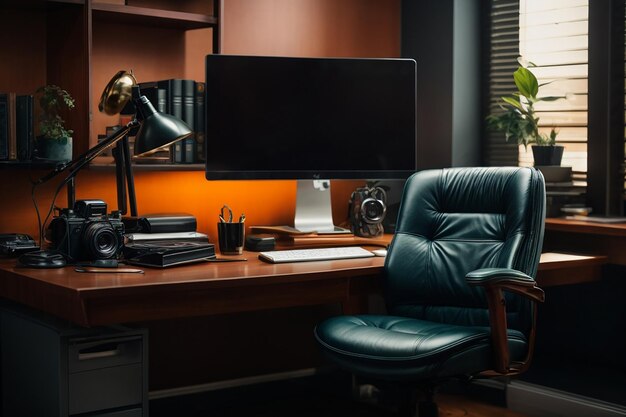 オフィスでノートパソコンを置いたビジネスパーソンの現代の職場の画像