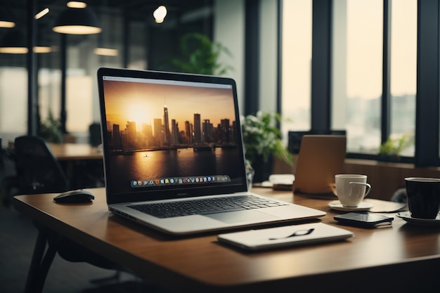 Изображение современного рабочего места делового человека с ноутбуком в офисе