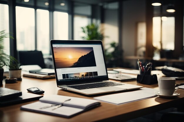 Image of modern workplace of business person with laptop on it at office