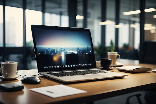 Изображение современного рабочего места делового человека с ноутбуком в офисе
