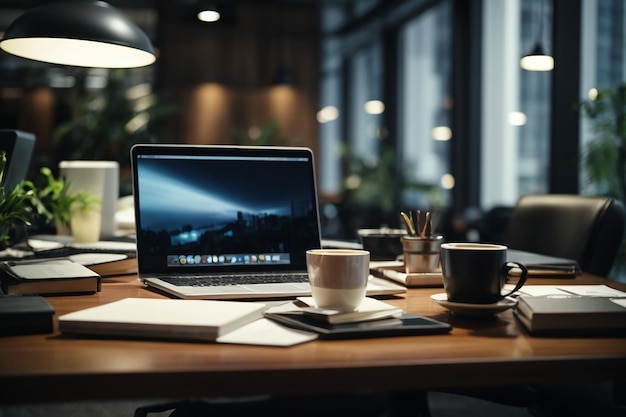 Image of modern workplace of business person with laptop on it at office