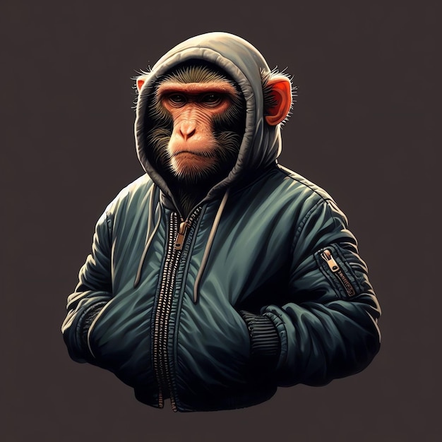 Photo image of a monkey wearing a bomber jacket created by ai