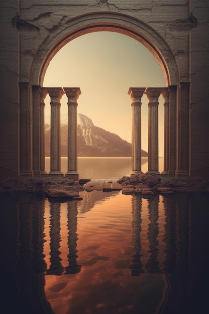 An image of a moon behind an arched doorway