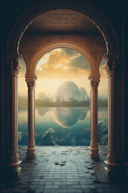 An image of a moon behind an arched doorway