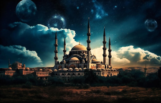 Image of a moon and a sky with a muslim mosque