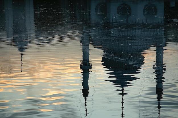 image of a mosque reflected on water during the quiet time of dawn