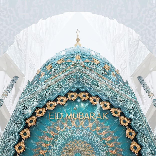 Photo image of the mosques mihrab with the words eid mubarrak for the eid alfitr celebration