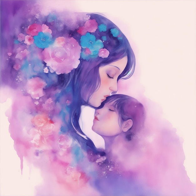 The image of mother and baby prepared with watercolor style special for mother's day