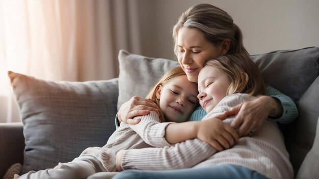 Photo image of mother and daughter cuddling on the sofa