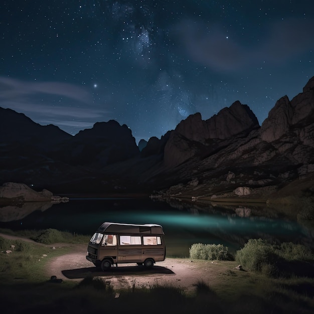 山々や天の川の素晴らしい景色を望む、夜の高山の湖の前に駐車されたキャンピングカーの画像