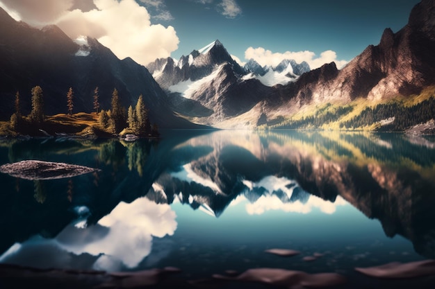 An image of mountain lake with mountains in the background Generative AI