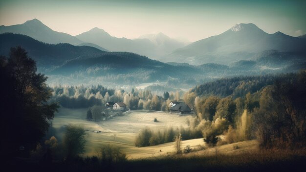 Image of mountain valley with mountains and a forest Generative AI