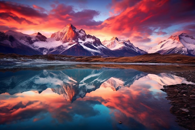 image of mountains with reflections in a lake at sunset