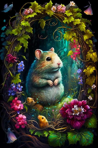 Image of mouse in forest surrounded by flowers and other plants and animals Generative AI