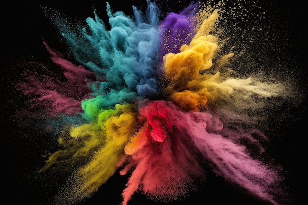 An image of a multicolor powder explosion on a black background with a realistic photo of a seamless texture Generative AI