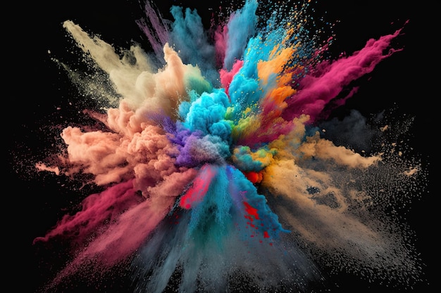 Изображение многоцветного взрыва порошка на черном фоне с реалистичной фотографией бесшовной текстуры Generative AI