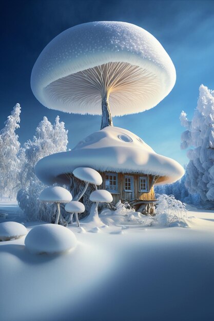 An image of a mushroom house in the snow generative ai