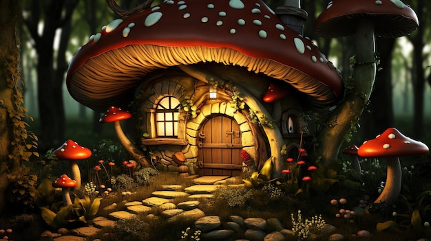 an image of mushroom house in the woods