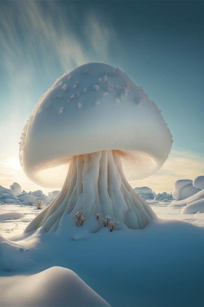 An image of a mushroom in the snow generative ai