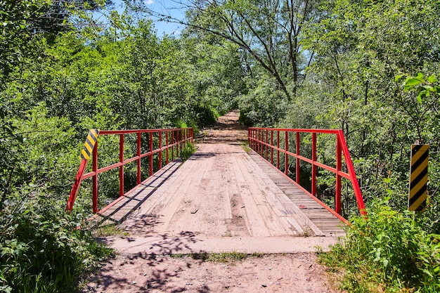 Image of Narrow bridge with vibrant red railing through woods