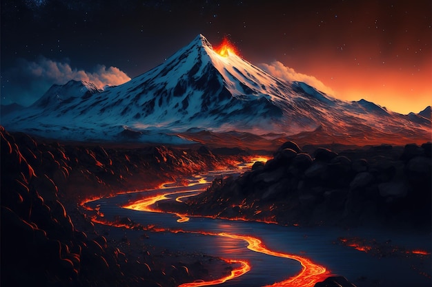 Image Night fire mountain en de humor van het vulkanische landschap hoge resolutie behang helder roodgloeiend magma dat naar de voet van de vulkaan stroomt en een verzengende rivier vormt AI