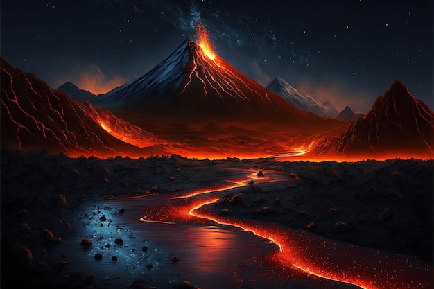 Image Night fire mountain and the wit of the volcanic landscape high resolution magma river painting wallpaper bright red hot magma flowing down to the very foot of the volcano AI