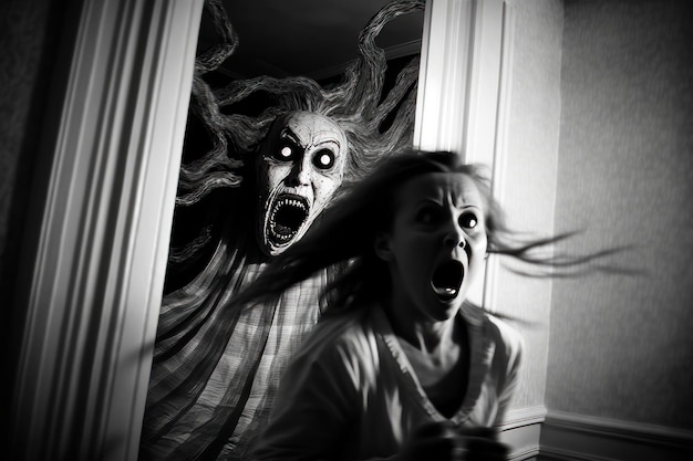 Photo the image of a nightmare in reality an evil spirit in a bedroom black and white style ai generated