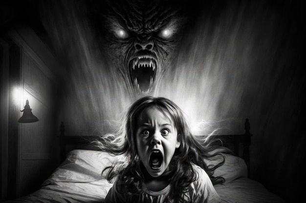 Photo the image of a nightmare in reality an evil spirit in a bedroom black and white style ai generated