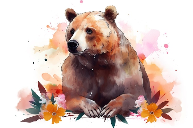 Фото Изображение головы медведя, окруженного красочными тропическими цветами дикие животные иллюстрация генеративный ии