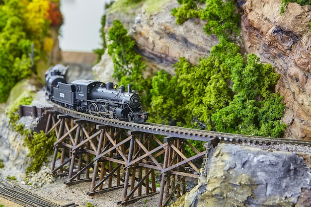 苔を木にした山の隣の線路にあるミニチュアおもちゃの列車の画像