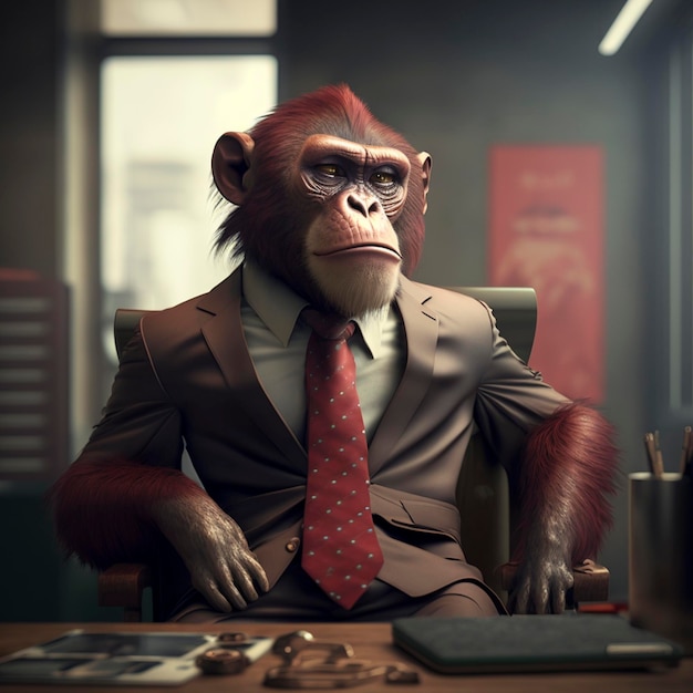 写真 オフィスの背景にビジネスマンスーツを着た猿の画像