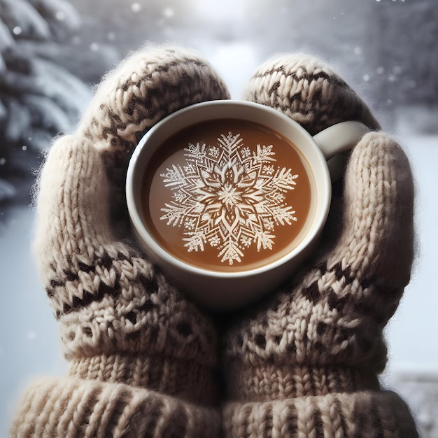 Фото Изображение чашки, наполненной горячим кофе, лежащей в руках человека зимним утром