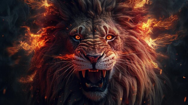 Фото Изображение разгневанного льва и пламени. генеративный искусственный интеллект диких животных