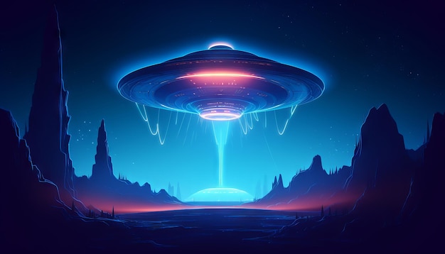 写真 青い光が周囲を包み込むように、空のポータルから出現する照らされた ufo 宇宙船の画像 ジェネレーティブ ai