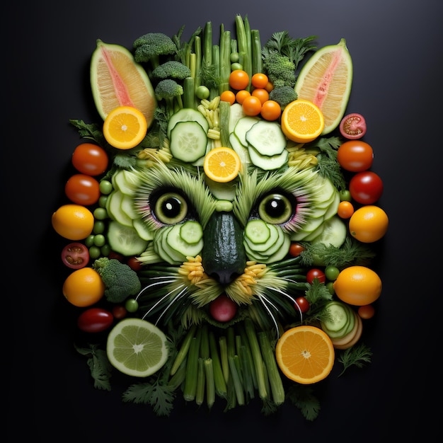 사진 깨끗한 배경에 야채와 과일로 만든 고양이 얼굴 이미지 애완동물 일러스트 생성 ai